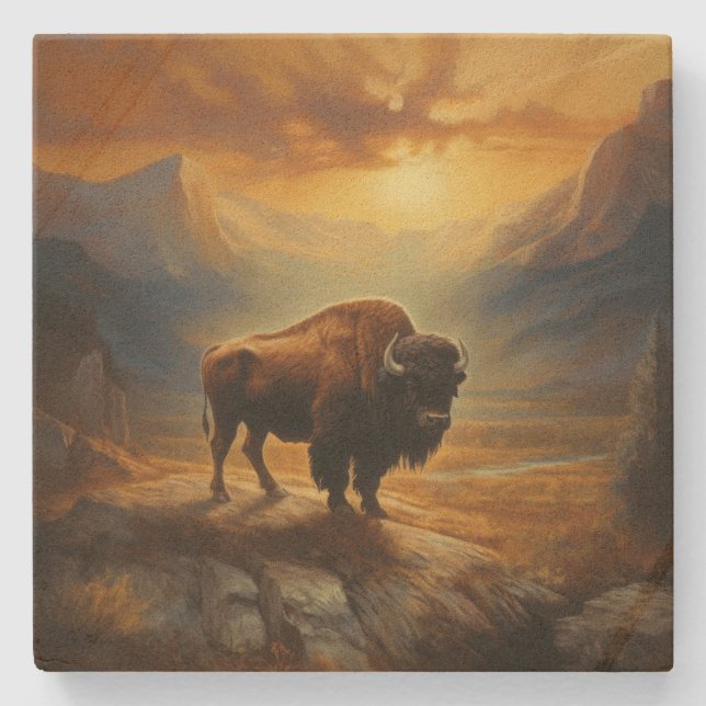 Buffalo Bison Sunset Silhouette Steinuntersetzer (Vorderseite)