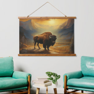 Buffalo Bison Sunset Silhouette Wandteppich Mit Holzrahmen