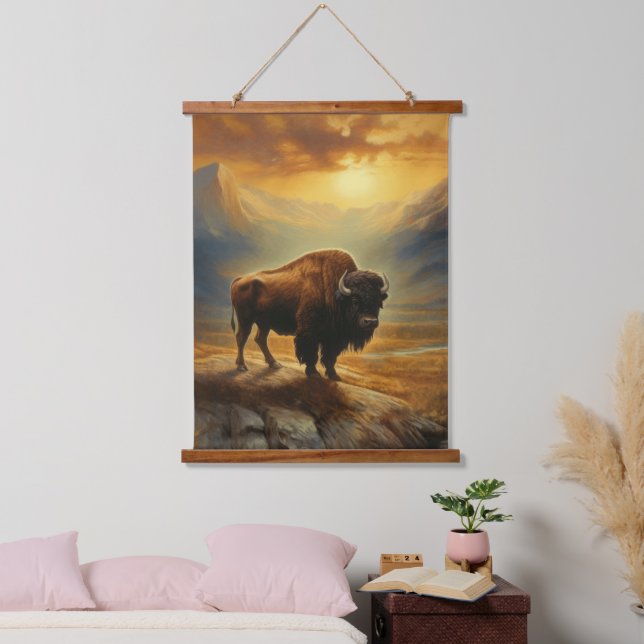 Buffalo Bison Sunset Silhouette Wandteppich Mit Holzrahmen (Schlafzimmer)