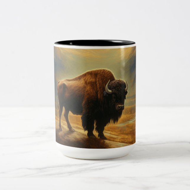 Buffalo Bison Sunset Silhouette Zweifarbige Tasse (Mittel)