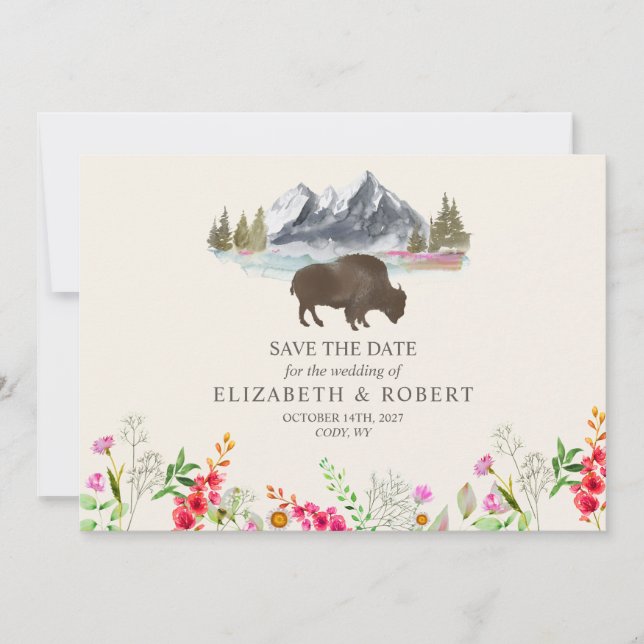 Buffalo Bison Wasserfarbengebirge Blumenzehen Save The Date (Vorderseite)