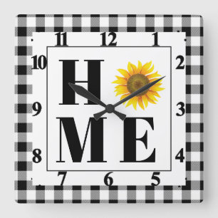 Buffalo check sunflower "Home"   Quadratische Wanduhr