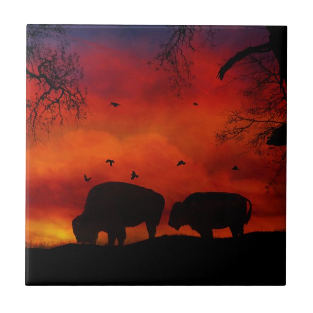 Buffalo im Sunset Art Tile Fliese (Vorderseite)