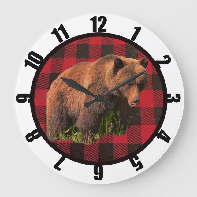 Buffalo Kariert Bear Man Höhle Große Uhr (Vorderseite)