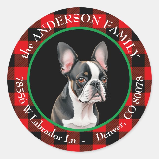 Buffalo Kariert Boston Terrier Dog Rücksendeadress Runder Aufkleber (Vorderseite)