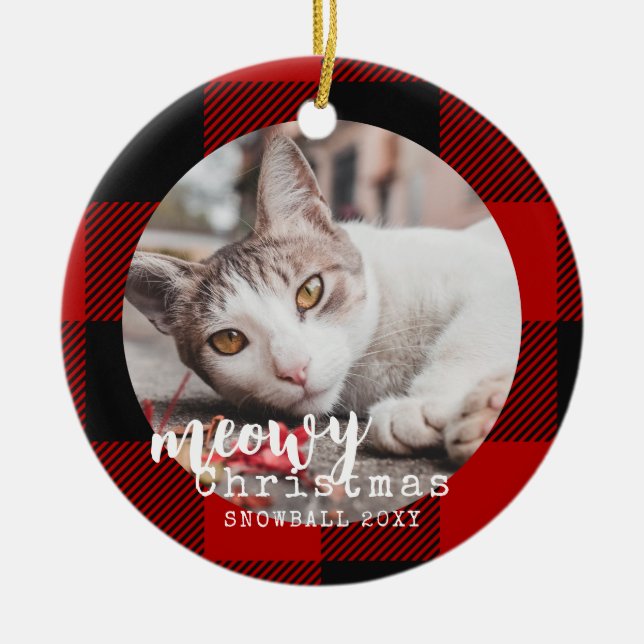 Buffalo Kariert Cat Meowy Weihnachtsfest Foto Keramik Ornament (Vorne)