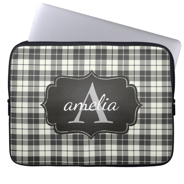 Buffalo Kariert Chic Monogram Name Black Ivory Laptopschutzhülle (Vorderseite)