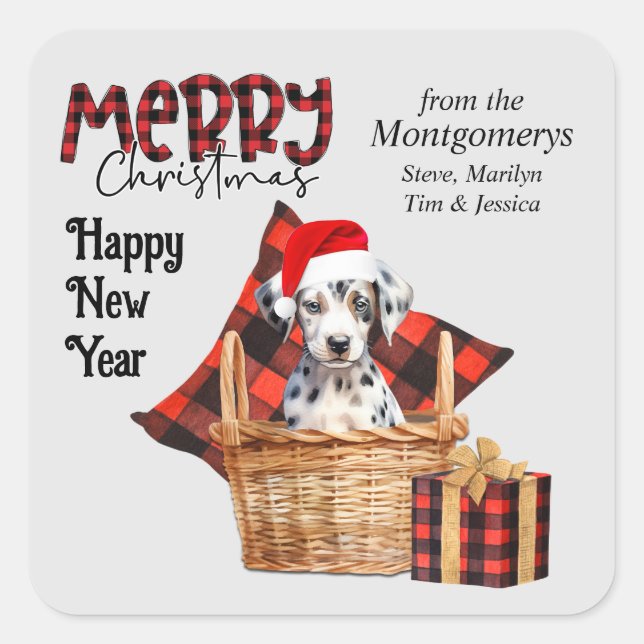 Buffalo Kariert Dalmatiner Welpe Weihnachten Quadratischer Aufkleber (Vorderseite)