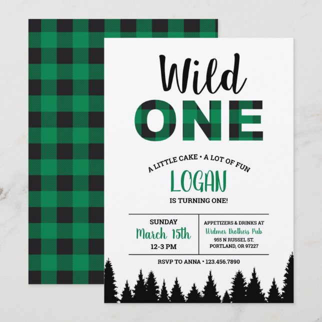 Buffalo Kariert Einladung zum ersten Geburtstag -  (Vorne/Hinten)