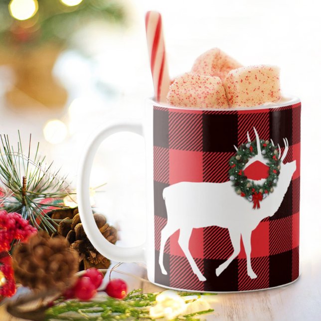 Buffalo Kariert Elch Silhouette Weihnachtskranz Kaffeetasse (Von Creator hochgeladen)