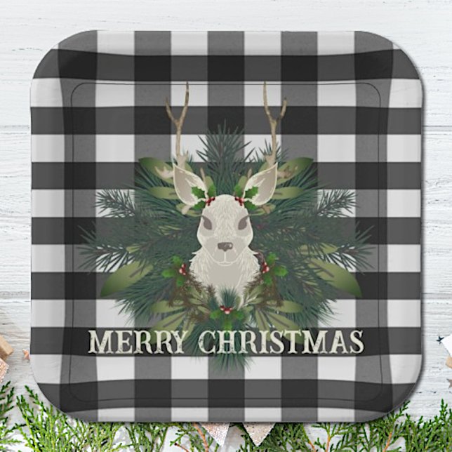 Buffalo Kariert Festivals Weihnachten Pappteller (Buffalo Plaid Festive Reindeer Christmas Paper Plates)
