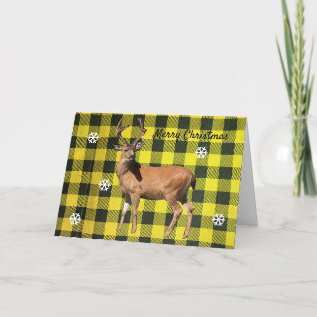 Buffalo Kariert Gelbes Woodland Hirschweifkarte Feiertagskarte (Vorderseite)