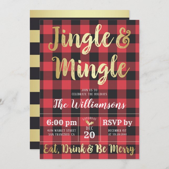 Buffalo Kariert & Gold Jingle & Mingle Holiday Par Einladung (Vorne/Hinten)
