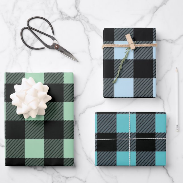 Buffalo Kariert-Grün- und Blautöne Geschenkpapier Set (Vorderseite)