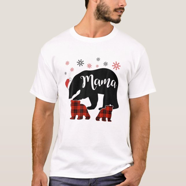 Buffalo Kariert Mama Bear Tragen Weihnachtsmannmüt T-Shirt (Vorderseite)