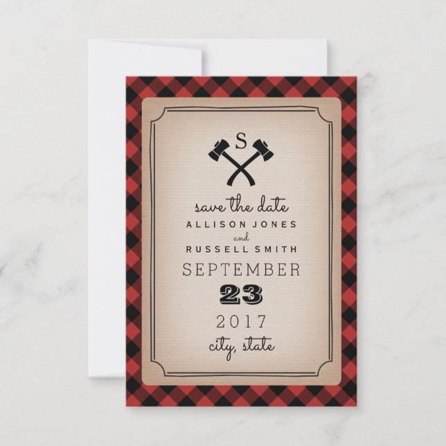 Buffalo Kariert Monogram Ax Save the Date (Vorderseite)