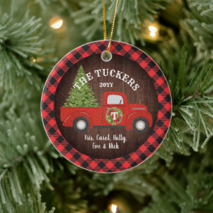 Buffalo Kariert Monogram Foto Vintag Red Truck Keramik Ornament