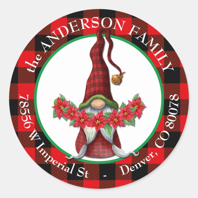 Buffalo Kariert Poinsettia Gnome Rücksendeadresse Runder Aufkleber (Vorderseite)