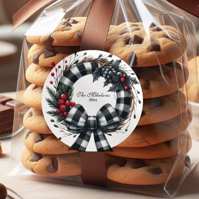 Buffalo Kariert Schwarz und Weiß Weihnachten Runder Aufkleber (Von Creator hochgeladen)