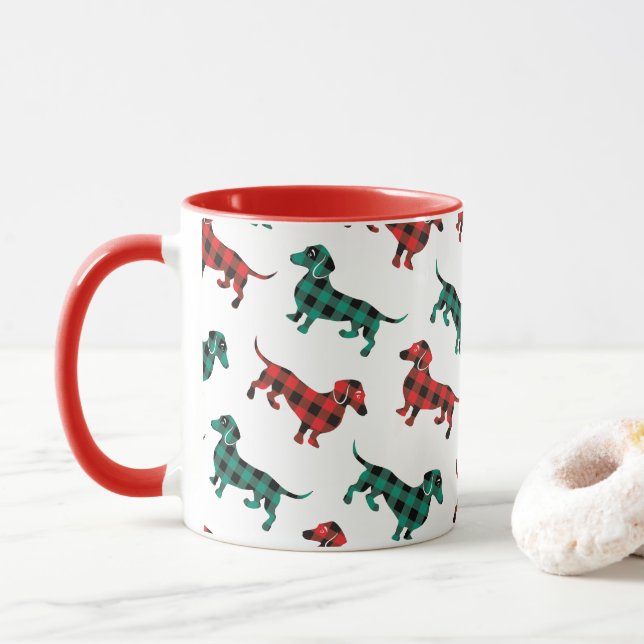 Buffalo Kariert Tartan Weihnachten Dackeln Tasse (Mit Donut)