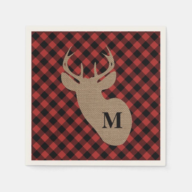 Buffalo Kariert und Burlap Monogram Deer Serviette (Vorderseite)