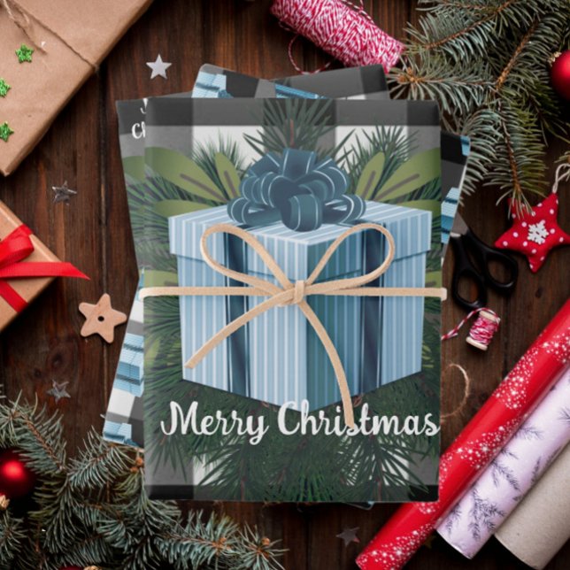 Buffalo Kariert Weihnachtsgeschenk | Blau Geschenkpapier Set (Blue Buffalo Plaid Christmas Gift Wrapping Paper Sheets)