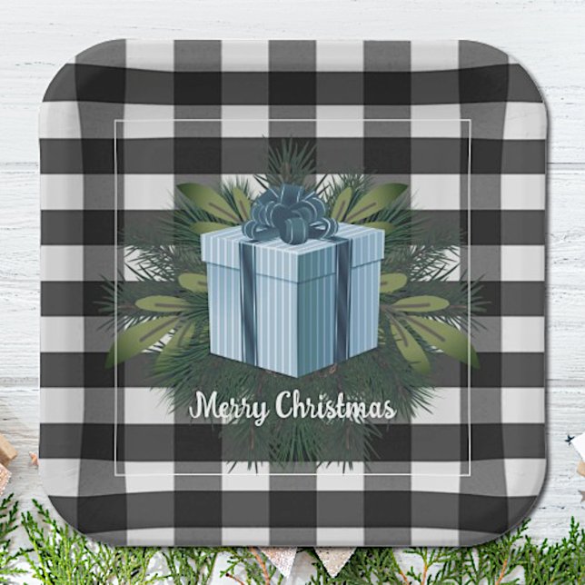 Buffalo Kariert Weihnachtsgeschenk | Blau Pappteller (Blue Buffalo Plaid Christmas Gift Paper Plates)