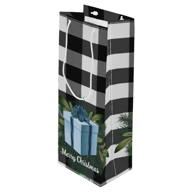 Buffalo Kariert Weihnachtsgeschenk | Blue Holiday Geschenktüte Für Weinflaschen (Vorderseite Schrägansicht)