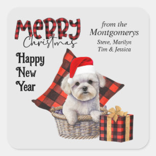 Buffalo Kariert White Maltese Dog Weihnachten Quadratischer Aufkleber