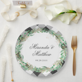 Buffalo Kariert Winter Green Wreath Wedding Pappteller
