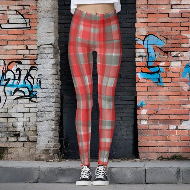 Buffalo karierte Aquarellfarbe Tartan Rot Grauer K Leggings (Von Creator hochgeladen)