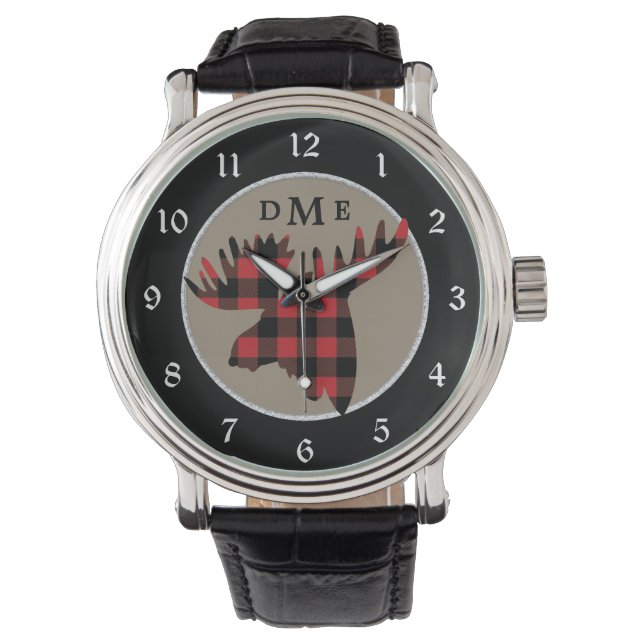 Buffalo Karierte Elch Kopf Monogramm Armbanduhr (Vorderseite)