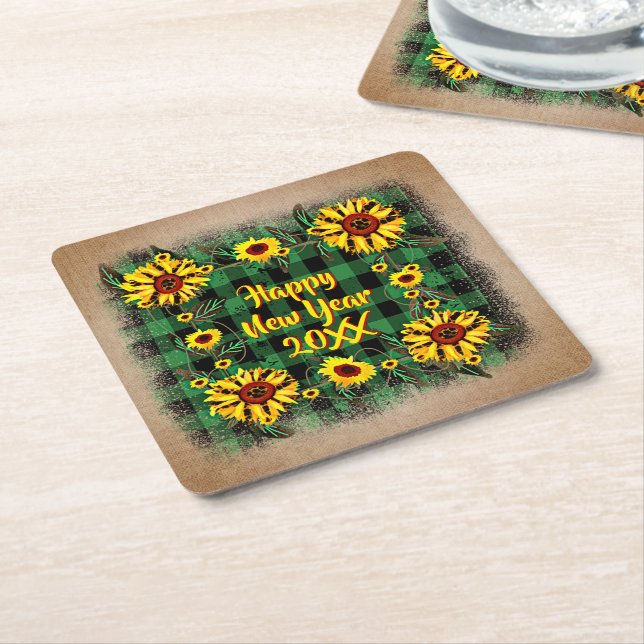 Buffalo Karierte Sonnenblumen Frohes Neues Jahr 20 Rechteckiger Pappuntersetzer (angewinkelt)