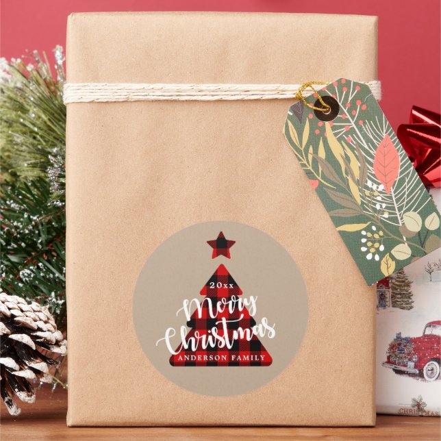 Buffalo-karierte Weihnachtsbaumkraft Runder Aufkleber (Feiertag)