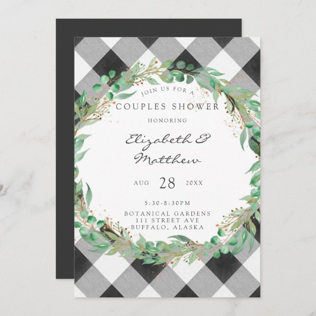 Buffalo Karierter Weihnachtskranz Gold Paare Dusch Einladung (Vorne/Hinten)