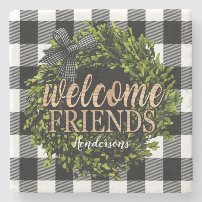 Buffalo Karo Black and White Boxwood Wreath Steinuntersetzer (Vorderseite)