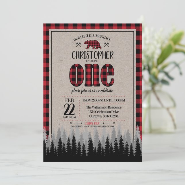 Buffalo Karo Lumberjack Boy's 1. Geburtstag Einladung (Stehend Vorderseite)