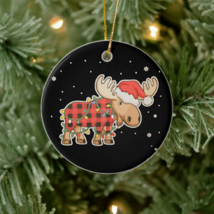 Buffalo-Karo-Moose-Santa-Mütze-Christbaum-Licht Keramik Ornament