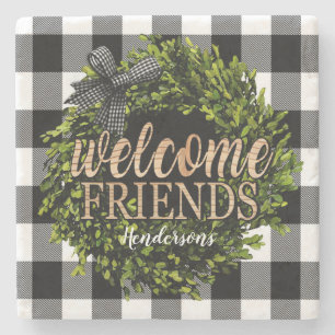 Buffalo Karo Schwarz-Weiß-Boxwood-Wraath Steinuntersetzer