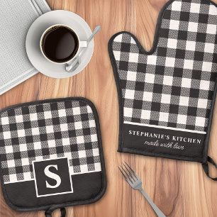 Buffalo Karo Schwarz-Weiß Kariert Monogrammiert Ofenhandschuh & Topflappen-Set