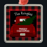 Buffalo Karo Vintag Truck Personalisiert Ornament Aus Metall<br><div class="desc">Deck deine Hallen mit Büffel-Karos! Dieses personalisierte Weihnachtsschmuck mit einem Vintagen, roten LKW frisch aus der Weihnachtsbaumfarm! Das Ornament hat einen trendigen schwarz-roten Büffel-Karo. Der Abholwagen hat die Worte Frohe Weihnachten auf der Hecktür und die endgültige Touch ist Ihr Name, um den Schmuck wirklich einzigartig zu machen. Teil einer Sammlung....</div>