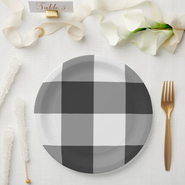 Buffalo Karo Weiße und schwarze Quadrate Kariert B Pappteller (Hochzeit)