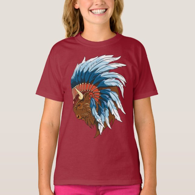 Buffalo Kopf mit indianischer Hitze T-Shirt (Vorderseite)