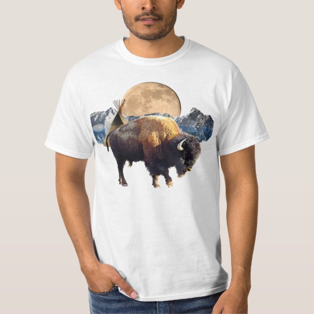 Buffalo, Moon & TeePee Wildlife Art T - Shirt (Vorderseite)