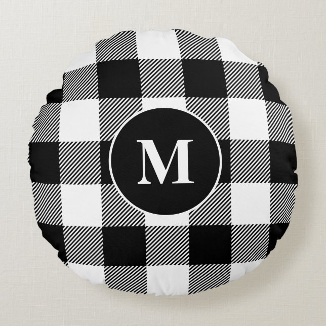 Buffalo Muster Monogram Holiday Black and White Rundes Kissen (Vorderseite)