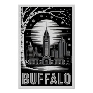 Buffalo New York Skyline Schwarz Weiß Holzschnitt Poster