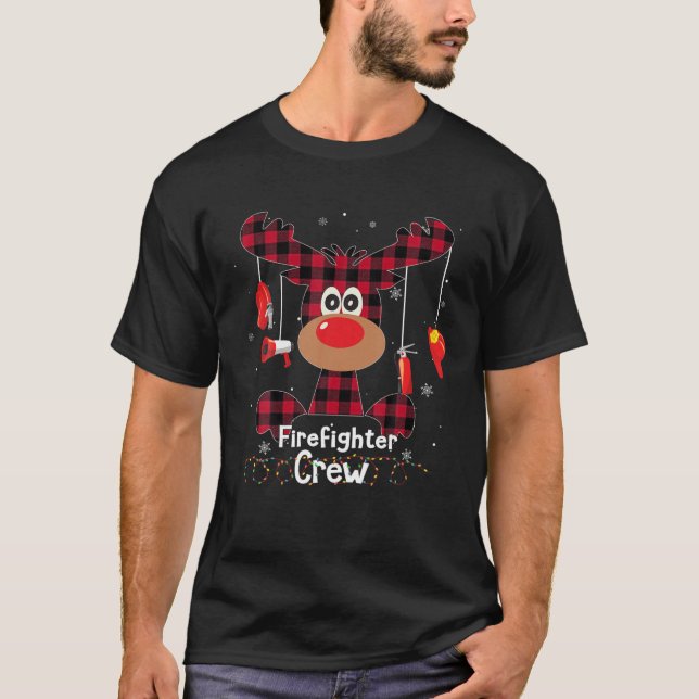 Buffalo Pläd Reindeer Firefighter Crew Merry Chri T-Shirt (Vorderseite)
