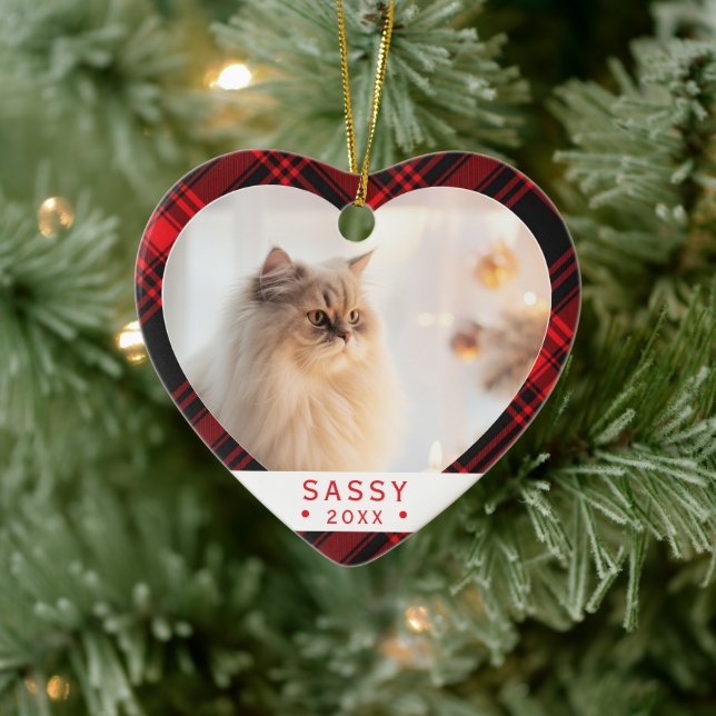 Buffalo Plaid Cat Lover Photo Heart Ornament (Baum)