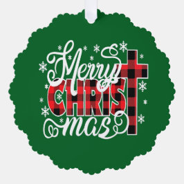 Buffalo Plaid Christian Christmas Design with Snow Ornament Karte