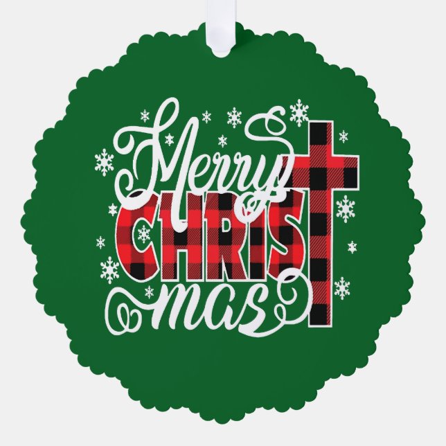 Buffalo Plaid Christian Christmas Design with Snow Ornament Karte (Vorderseite)